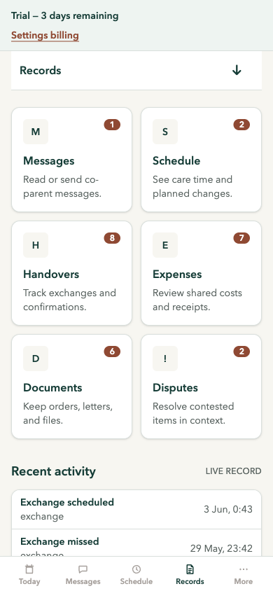 Raposa care record screen showing messages, events and documents organised in one record.