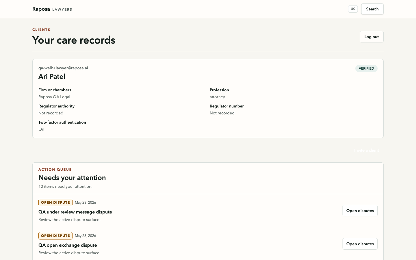 Raposa lawyer dashboard showing household records, matters and export readiness for professionals.