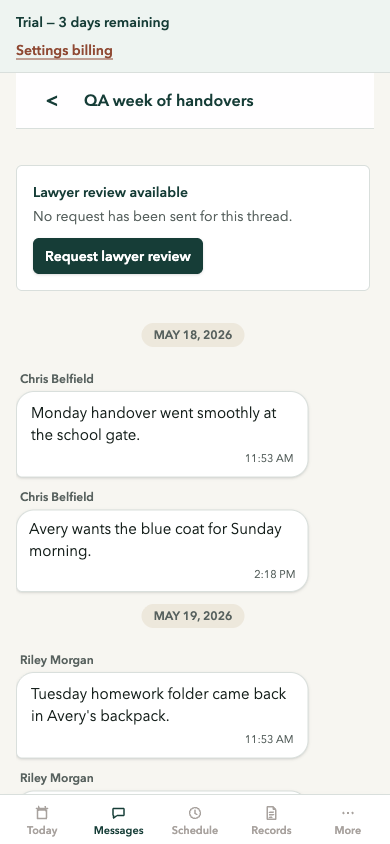 Raposa messages screen showing child-centred co-parenting conversation threads.