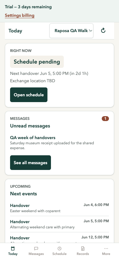 Raposa Today screen showing a co-parenting overview for the day.